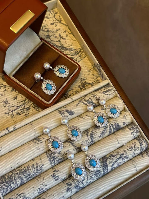 Elegant Oval Zirconia Blue Turquoise Pearl Earrings